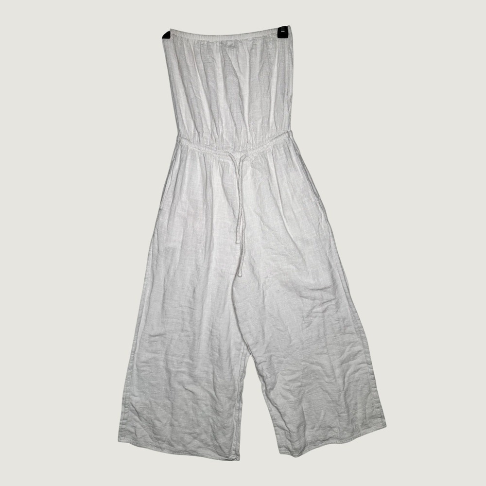 XS Aerie White Cotton Gauze Strapless Wide Leg Jumpsuit Romper Pockets